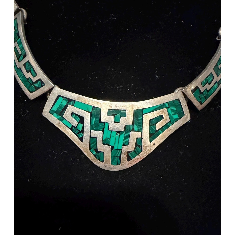 Taxco Mexico Sterling Silver & Malachite Inlaid Necklace 130 grams